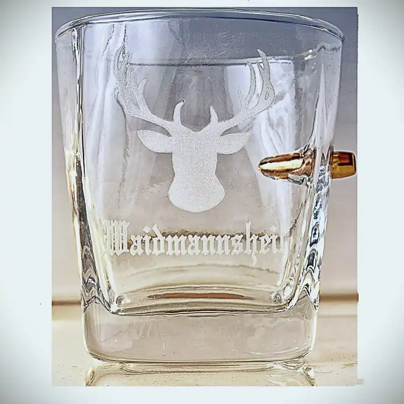 KolbergGlas Trinkglas mit Geschoß und Waidmannsheil Gravur Preis Gesenkt