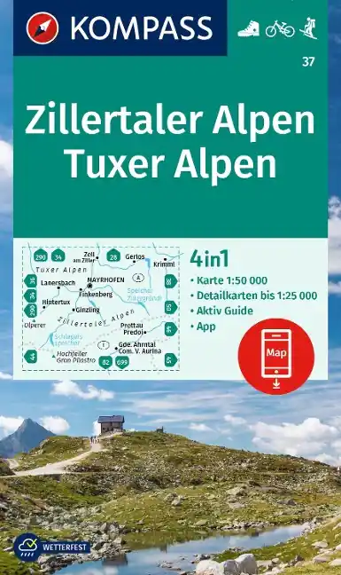Kompass-Verlag Wanderkarte Zillertaler Alpen, Tuxer Alpen Zertifiziert